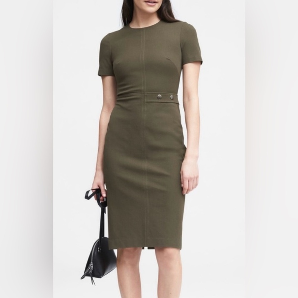 Banana Republic Bi-Stretch Dark Olive Silver Side Buttons Sheath Dress ZB6
